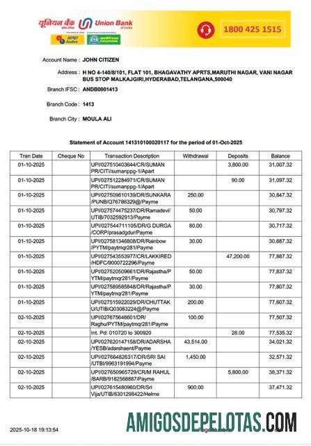 Extrato de conta do India Union Bank Of India para impressão, modelo Word e PDF